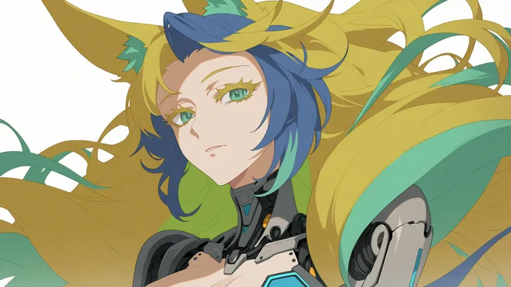 score_9, score_8_up, source_anime, anime style, (thick lineart:1.3), two tone hair, long green layered hair, tall, , mature female, fox ears, pale skin, long eyelashes, detailed blue iris, [( long eyelashes:1.5):long eyelashes:0.4], [:glowing outline:0.4], sidelocks, robot, robotic joints, glossy