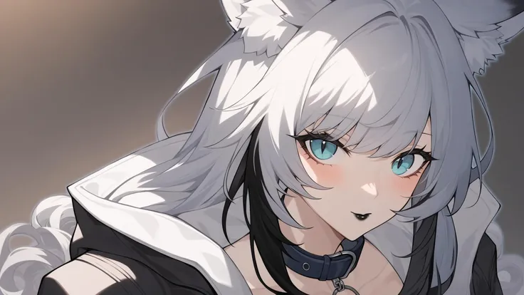 woman, score_8, pale skin,  [:dark makeup:0.75], [:blush:0.65], detail iris,  [:black lipstick:0.6], [:big eyes:0.4], [long bangs: curly hair:0.5],  two-tone hair [[:black and white hair:0.1]::0.5], [:vibrance:0.3], [( long eyelashes:1.5):long eyelashes:0.3], collar, fox ears,
[:glowing outline:0.4],  jacket, hood,  [:slit pupils:0.3]