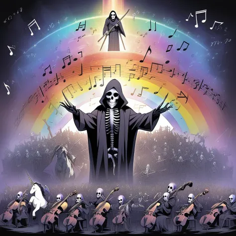 musical notes of rainbow light, grim reaper, orchestra, metal, unicorn, math, Jesus of nazareth