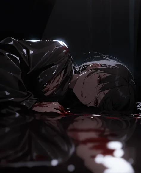 still of a female lying on the ground spoiled with blood, (((lying)), girl lying on the ground, very dark shot, dark shot, wet reflections, blood , <lora:chdmchlwrd:0.8>