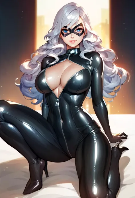 score_9, score_8_up, score_7_up, <lora:neoartcore-lora03b_PonyXL:0.8>, 1girl, breasts, mask, bodysuit, solo, long hair, cleavage, shiny clothes, large breasts, blue eyes, skin tight, looking at viewer, shiny, parted lips, high heels, sitting, choker, domino mask, zipper, black bodysuit, unzipped, lips, white hair, latex, smile, covered navel, shiny skin, holding