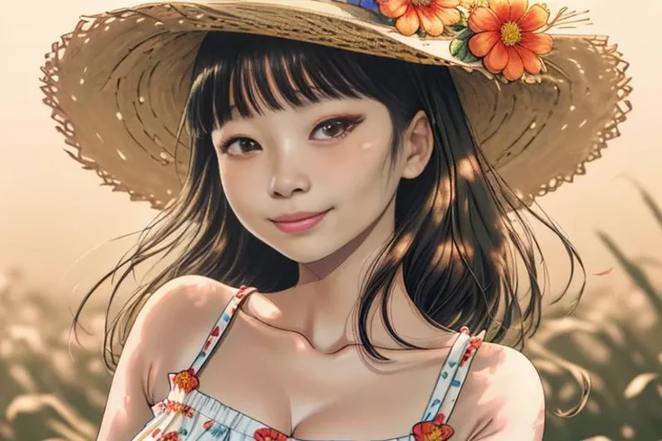 RAW analog portrait photo of (rurinobodysd15) wear long summer dress (floral print) straw hat smiling low camera angle (masterpiece) (best quality:1.3) (intricate details) Fujifilm XT3 (film grain:1.2) (soft shadows) (bokeh) (depth of field:1.2) (detailed skin:1.3) (8k) (HDR) (soft natural lighting) (sharp focus)