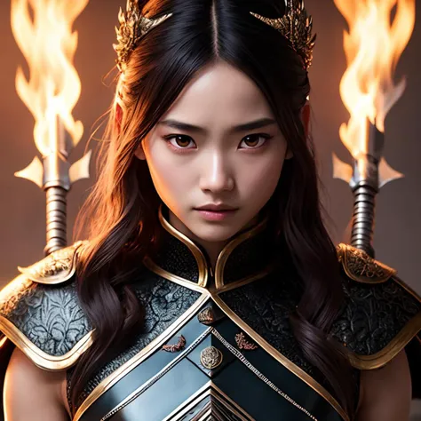 rurinobodysd15 ninja princesses, Dynamic pose, Artgerm, Wlop, Greg Rutkowski, high detailed tanned skin, beautiful long hair, intricately detailed eyes, druidic leather vest, wielding an weapon, Attractive, Flames in background; Lumen Global Illumination, Lord of the Rings, Game of Thrones, Hyper-Realistic, Hyper-Detailed, 8k,
