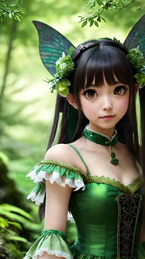 highly detailed photo of mysterious shy, curious (fairy:1.1) rurinobodysd15 in forest, detailed intricate ornate pale green cloth dress, fantasy style, fog background, hdr+, backlighting, (small smile:1.2), detailed cute face, detailed ornate green pigtails hair with flowers and ribbons, lush vegetation, highest quality, unreal engine, (green beautiful eyes:1.3)