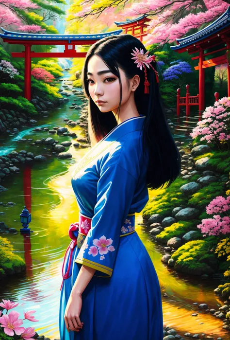 portrait painting of (RuriNobodySD15:1.0) beautiful woman blue traditional japanese dress nearby creek stream flower garden torii gate bright morning light (masterpiece) (best quality) (detailed) (8k) (HDR) (wallpaper) (cinematic lighting) (sharp focus) (intricate) (Style-Nippon:0.8) <hypernet:LuisapMiamiStyle_v1:0.4>