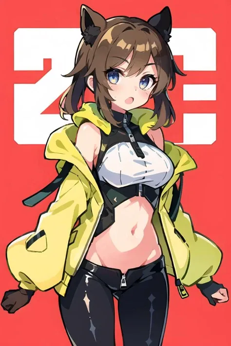 <lora:anime_color_explosion_v1:0.7>1girl, red_background, :o, bangs, black_panties, blue_eyes, blush, bodysuit, breasts, brown_hair, center_opening, cowboy_shot, eyebrows_visible_through_hair, jacket, large_breasts, latex, latex_bodysuit, long_sleeves, looking_at_viewer, navel, open_clothes, open_mouth, panties, shiny, solo, stomach, underwear, zipper, zipper_pull_tab