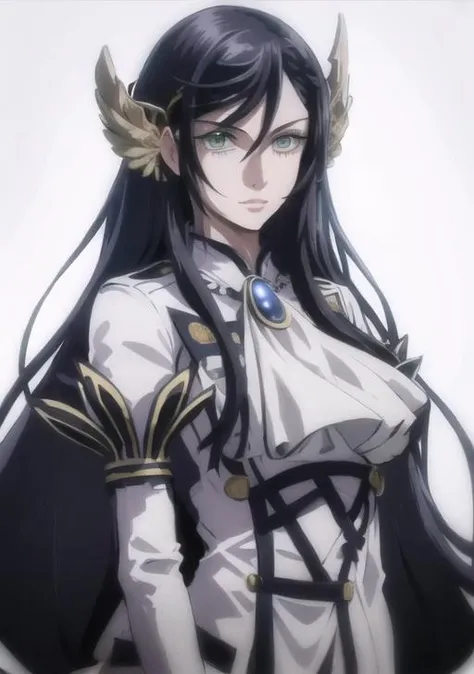 <lora:brunehilde:0.8>,brunehilde, 1girl, solo, long hair, breasts, looking at viewer, black hair, hair ornament, jewelry, very long hair, green eyes, upper body, ascot, brooch, smile, armpits,arms up,