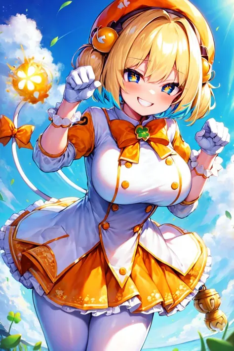 masterpiece, best quality, <lora:Pine-Bombergirl-v1.0-:0.7>, + +, blue eyes, yellow pupils, blonde hair, blue hair, multicolored hair, twintails, (grenade hair ornament:1.2), hair intakes, short hair, fuse, fuse tail, bow, bowtie, orange bow, orange bowtie, tail bow, large breasts, clover print, dress, gloves, beret, hat, orange headwear, orange skirt, white dress, white gloves, frills, frilled dress, white pantyhose, outdoors, smile, happy, grin, smug,