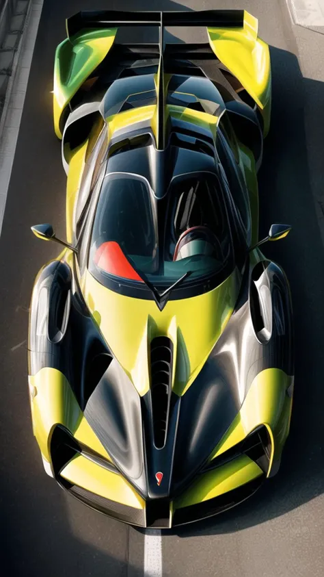 best quality, hypercar top view, organic shapes, pointed front top-down view of an electric hypercar with grey bodywork, symmetry, glass with black and yellow details,, shot from above, on a green-and-yellow race track, with high-resolution photography <lora:add_detail:1>
