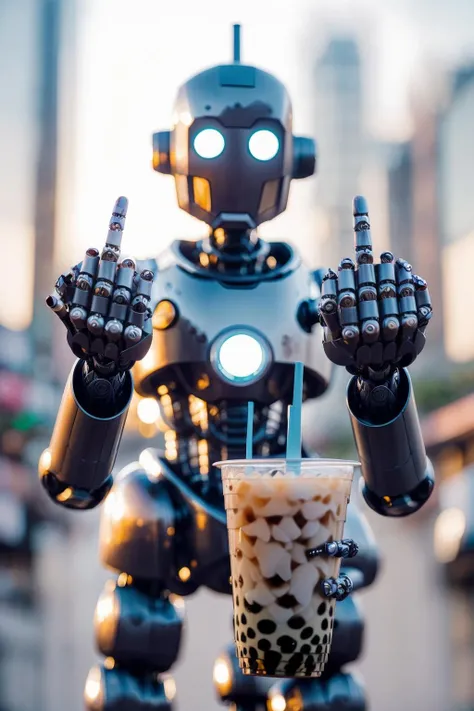 masterpiece, best quality, robot, (middle finger:1.3), (holding bubble tea:1.1), smiling, city, robot <lora:middle finger_tea_style-000010:0.8> <lora:CyberPunkAI:1>