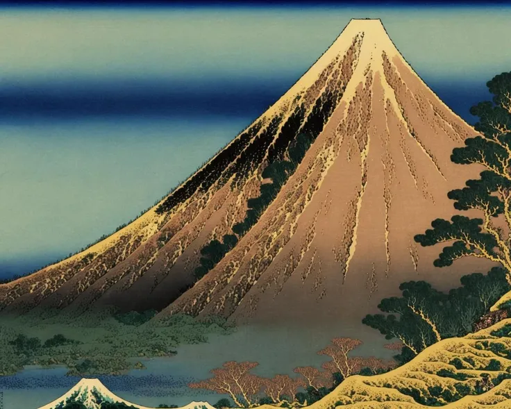 best quality,masterpiece,highly detailed,ultra-detailed, <lora:neg4all_bdsqlsz_V3.5:-1> <lora:KatsushikaHokusai:1> katsushikahokusai, è飾 åæ,mountainous horizon, scenery, no humans, trees