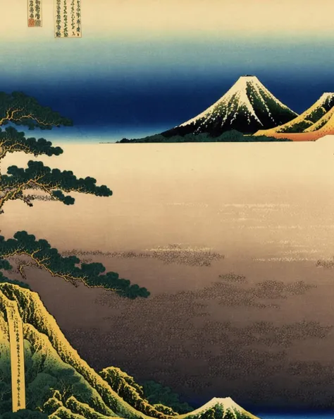 best quality,masterpiece,highly detailed,ultra-detailed, <lora:neg4all_bdsqlsz_V3.5:-1> <lora:KatsushikaHokusai:1> katsushikahokusai, èé£¾ åæ,mountainous horizon, scenery, no humans, trees