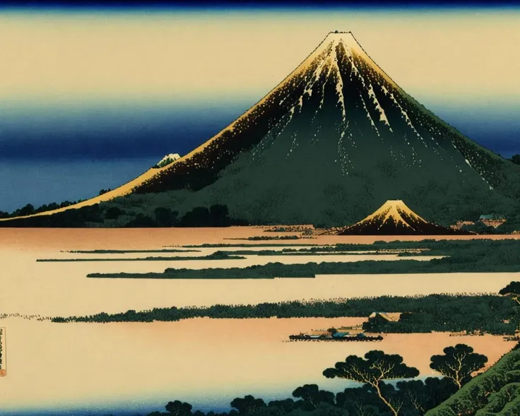 best quality,masterpiece,highly detailed,ultra-detailed, <lora:neg4all_bdsqlsz_V3.5:-1> <lora:KatsushikaHokusai:1> katsushikahokusai, è飾 åæ,mountainous horizon, scenery, no humans, trees