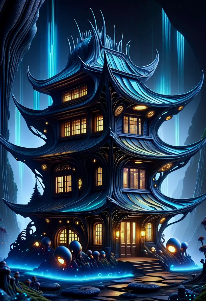 hyper detailed masterpiece, dynamic realistic digital art, awesome quality,DonMX3n0XL,quantum-powered manufacturing facility, nanoceramic building panels,schist stone,wood shingles or shake roof, bioluminescent fungi,gas lanterns, bar lighting, organic xeno biology , eerie glow <lora:DonMX3n0XL-000008:0.8>