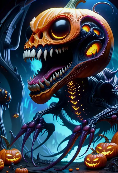 hyper detailed masterpiece, dynamic realistic digital art, awesome quality,DonMX3n0XL,pumpkin carving, 3d sculpting, pop culture reference, tongue sticking out, organic xeno biology , eerie glow <lora:DonMX3n0XL-000008:0.8>