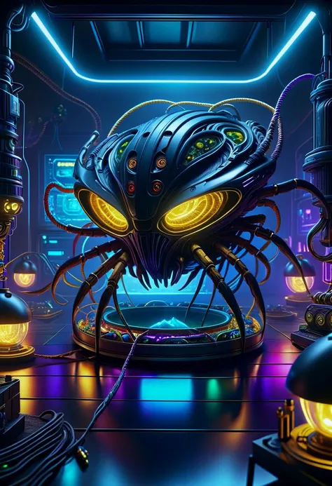 hyper detailed masterpiece, dynamic realistic digital art, awesome quality,DonMX3n0XL,illegal tech and weapon manufacturing lab, pot of gold, cork flooring, kerosene lamps, rope lights, cyberpunk, sci-fi, organic xeno biology , eerie glow <lora:DonMX3n0XL-000008:0.8>