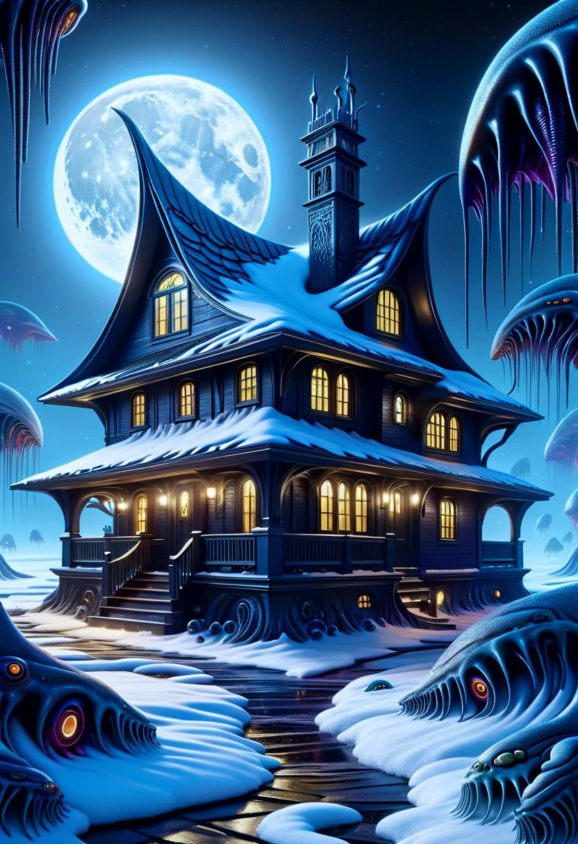 hyper detailed masterpiece, dynamic realistic digital art, awesome quality,DonMX3n0XL,coven of the silver moon, vinyl siding,thatch,clay tiles roof,limestone, luminescent deep-sea creatures,reflective moonlight on snow, rim lighting, organic xeno biology , eerie glow <lora:DonMX3n0XL-000008:0.8>