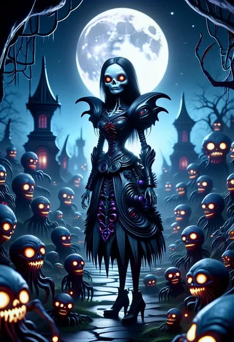hyper detailed masterpiece, dynamic realistic digital art, awesome quality,DonMX3n0XL,moonlit graveyard, nightmarish, haunted dolls, full moon,zombie ambiance lighting, creepy doll art, organic xeno biology , eerie glow <lora:DonMX3n0XL-000008:0.8>