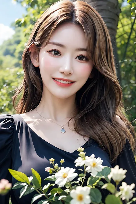 best quality, masterpiece, (photorealistic:1.4), realistic,1girl, forest, blue sky, clouds, flowers, black dress, light brown eyes, brown hair, smile