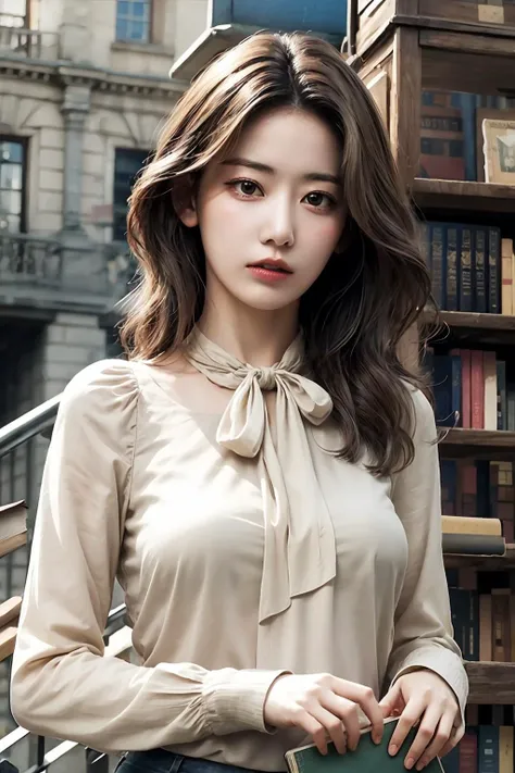 best quality, masterpiece, (photorealistic:1.4), 1girl:1.4, dusty old book shop,book shelves, book, holding opened book, blouse