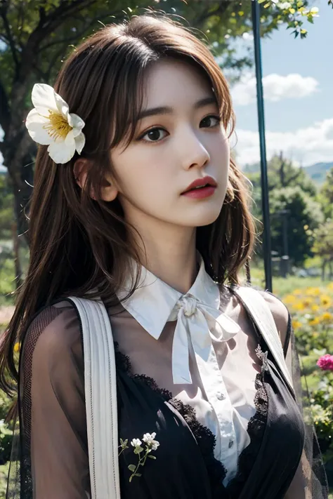 best quality, masterpiece, (photorealistic:1.4), realistic,1girl, forest, blue sky, clouds, flowers, black dress, light brown eyes, brown hair, <lora:makina69_sakura_v1.0:1>, <lora:add_detail:0.6>,