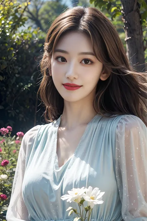 <lora:makina69_sakura_v1.0:1>, <lora:add_detail:0.6>, best quality, masterpiece, (photorealistic:1.4), realistic,1girl, forest, blue sky, clouds, flowers, blue dress, light brown eyes, brown hair, smile, makeup, red lips,