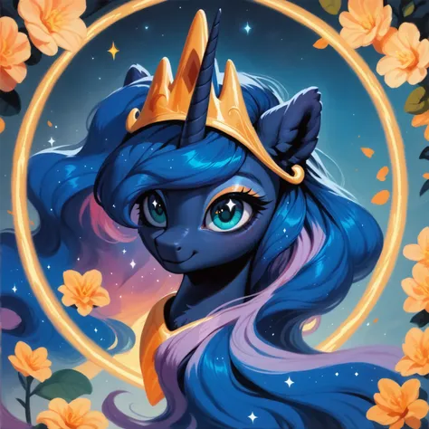 score_9, score_8_up, score_7_up, score_6_up, score_5_up, score_4_up, rating_safe, feral pony, princess luna, fluffy ears, smile, beautiful, pretty, eyeshadow, starry eyes, long mane<lora:EnvyEponynmousXL01:1>