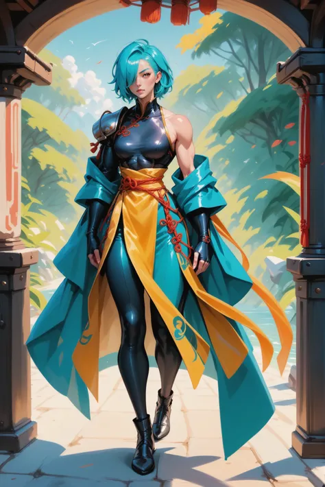 score_9, score_8_up, score_7_up, score_6_up, score_5_up, score_4_up, source_anime, ddigital painting, 1girl, woman, (full body:1.2), 1boy, man, solo, [:epic costume design,:0.2] monk, chinese, pastel aqua hair, (bulky:1) build, old, bombshell hair, subsurface scattering dark color:cyan hair, hair over one eye, muscular hips, muscular legs, wide hips, narrow waist, medium breasts, (asian:1.3), noon, scenery, in a brilliant Lunar Rilles<lora:EnvyEponymous-beta2:1>