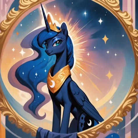 score_9, score_8_up, score_7_up, score_6_up, score_5_up, score_4_up, rating_safe, princess luna, smile, beautiful, pretty, eyeshadow, starry eyes, long mane<lora:EnvyEponynmousXL01:1>