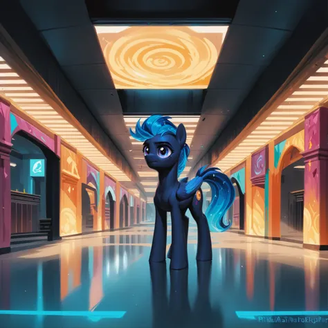 score_9, score_8_up, score_7_up, score_6_up, score_5_up, score_4_up, source_pony, pony, Eerie Mirror Room \(room\) in a a amazing,great scifi cosmic megacity edge of time, masterpiece, vibrant idyllic color scheme<lora:EnvyEponynmousXL01:1>