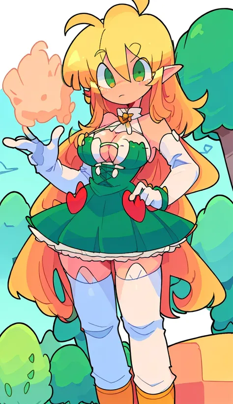 <lora:BASUN style:0.8> <lora:yaroArtstyleLora_v10:1> (((full body))), (((simple background))), character focus, solo, centered subject
((elf, blonde hair, green, white and brown tunic, white elbow gloves, white thighboots, big chest, cleavage, beauty, outside, forest, trees, dynamic pose, messy hair, long hair, sidelocks, ahoge
))