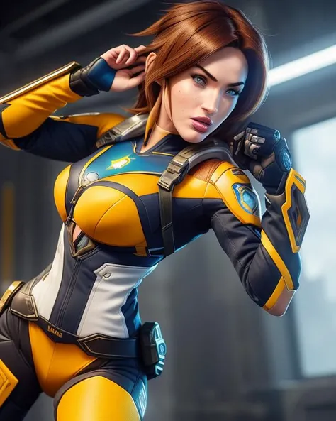 Megan Fox in TRACER cosplay, , (masterpiece), ((best quality)), parted lips, light_smile, cinematic lighting, ultra-realistic, ((realistic)), (TRACER from overwatch), solo, asymmetrical_hair, (detailed face), beautiful 1girl, 1girl, looking at viewer, (beautiful detailed eyes), sideview, bodysuit, portrait, upper_body, (small breasts)