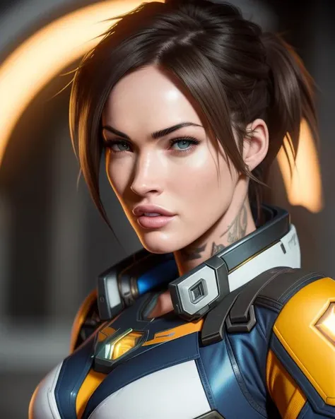 Megan Fox in TRACER cosplay, , (masterpiece), ((best quality)), parted lips, light_smile, cinematic lighting, ultra-realistic, ((realistic)), (TRACER from overwatch), solo, asymmetrical_hair, (detailed face), beautiful 1girl, 1girl, looking at viewer, (beautiful detailed eyes), sideview, bodysuit, portrait, upper_body, (small breasts)