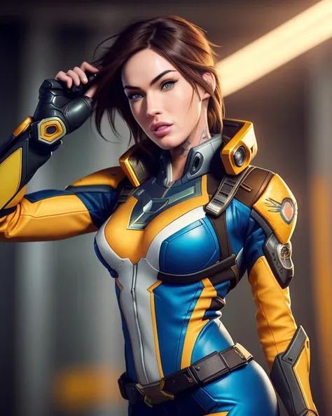 The image of the Alison Tyler as a pilot's girlfriend in a steampunk-style nanosuit on the background of a combat mech. Tired face, parted lips, beads of sweat on his forehead, wet hair. Medium plan, ultra realistic soft textures, high detail, sharp focus. Created using: the mood of relaxation after a hard battle, detailed swinsuit steampunk-style clothing and equipment, mechanisms, wires, shiny metal surfaces and frosted glass, visors, mech combat weapons, soft diffused lighting, realistic texture, reflective surfaces, soft neutral color gamut, Mysterious