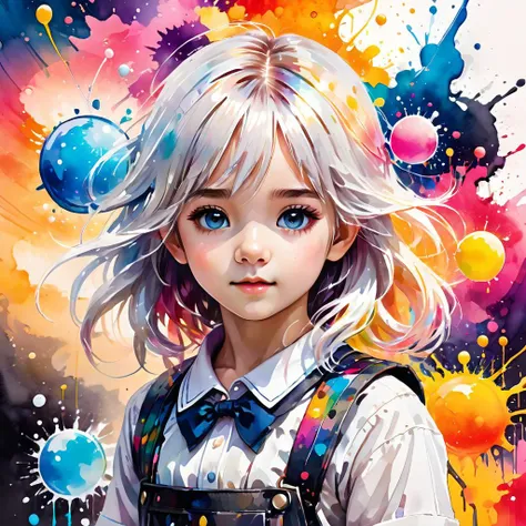 ink splashing,semi realistic, 2d game scene,oil and watercolor painting,
<lora:fantasy_world:1>ï¼
(((masterpiece))),(((best quality))),((ultra-detailed)),(illustration),(dynamic angle),
((floating)),(paint),((disheveled hair)),
(solo),(1girl), little girl, ((small_breasts)), (((detailed anima face))),((beautiful detailed face)),collar,bare shoulders,
white hair, ((colorful hair)),((streaked hair)),
beautiful detailed eyes,(Gradient color eyes),(((colorful eyes))),
(((colorful background))),(((high saturation))),(((surrounded by colorful splashes))),(((surrounded by colorful dot))),colorful bubble,((shining)) ,child,
((young,little girl,cute,little girl face))