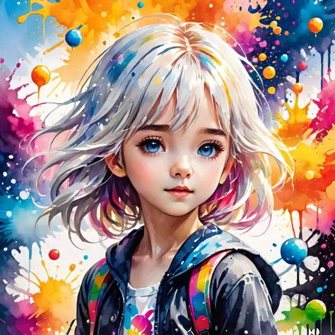 ink splashing,semi realistic, 2d game scene,oil and watercolor painting,
<lora:fantasy_world:1>ï¼
(((masterpiece))),(((best quality))),((ultra-detailed)),(illustration),(dynamic angle),
((floating)),(paint),((disheveled hair)),
(solo),(1girl), little girl, ((small_breasts)), (((detailed anima face))),((beautiful detailed face)),collar,bare shoulders,
white hair, ((colorful hair)),((streaked hair)),
beautiful detailed eyes,(Gradient color eyes),(((colorful eyes))),
(((colorful background))),(((high saturation))),(((surrounded by colorful splashes))),(((surrounded by colorful dot))),colorful bubble,((shining)) ,child,
((young,little girl,cute,little girl face))