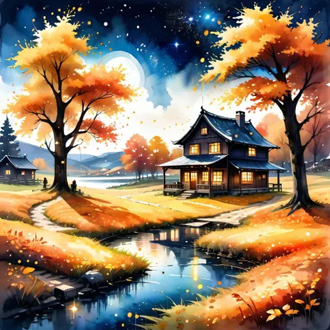 ink splashing,semi realistic, 2d game scene,oil and watercolor painting,
 <lora:fantasy_world:1>ï¼
(highly detailed), ((masterpiece)),(Impasto), intricate, digital painting,shadow ,landscapes ,(autumn:1.2), fantasy,(firefly) ,delicate grassland
,(grassland:1.3),(lake:1.3),(villiage:1.2),lights,clear sky ,wind ,beautiful sky ,cumulus ,(night sky),(stars)