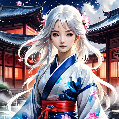 ink splashing,semi realistic, 2d game scene,oil and watercolor painting,
<lora:fantasy_world:1>ï¼
(masterpiece,best quality,extremely detailed CG unity 8k wallpaper,ultra-detailed),(best illumination,best shadow,an extremely delicate and beautiful),ink_wash_painting,night,(tai_chi:1.25),(yin_yang:0.85),ba gua,swirl,(the_bottom_of_the_bottlebackground:1.1),(1_girl:1.2),solo,The character is in the center of the frame,medium_full_shot,hanfu,taoist_robes,celestial_being_uniform,long_hair,(alternate hair color:1.3),white hair,black hair,a small red ornament,beautiful_detailed_eyes,indigo_eyes,(girl_surrounded_by_floating_water_flow:1.3),medium_breasts,wind,lotus,(cloudy:1.1),(stratocumulus_stratiformis:1.35),looking_at_viewers,cowboy shot