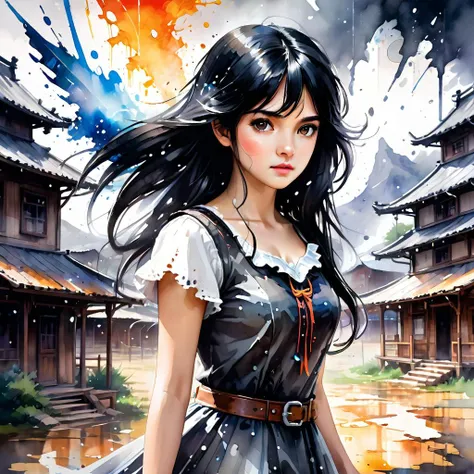 ink splashing,semi realistic, 2d game scene,oil and watercolor painting,
 <lora:fantasy_world:1>ï¼
(masterpiece), best quality, (wallpaper), highly detailed, (1 girl), solo, black hair, long hair, white eyes, detailed eyes, black dress, dynamic, lateral view, cowboy shot, dynamic angle, (ether:1.5), (landscape:1.2), (dissolving:1.2), (fading:1.35), (disintegration:1.5), transparent, grey sky, [wings:(dimensional space):0.35], (broken glass:1.2), reclaimer of my name, The End