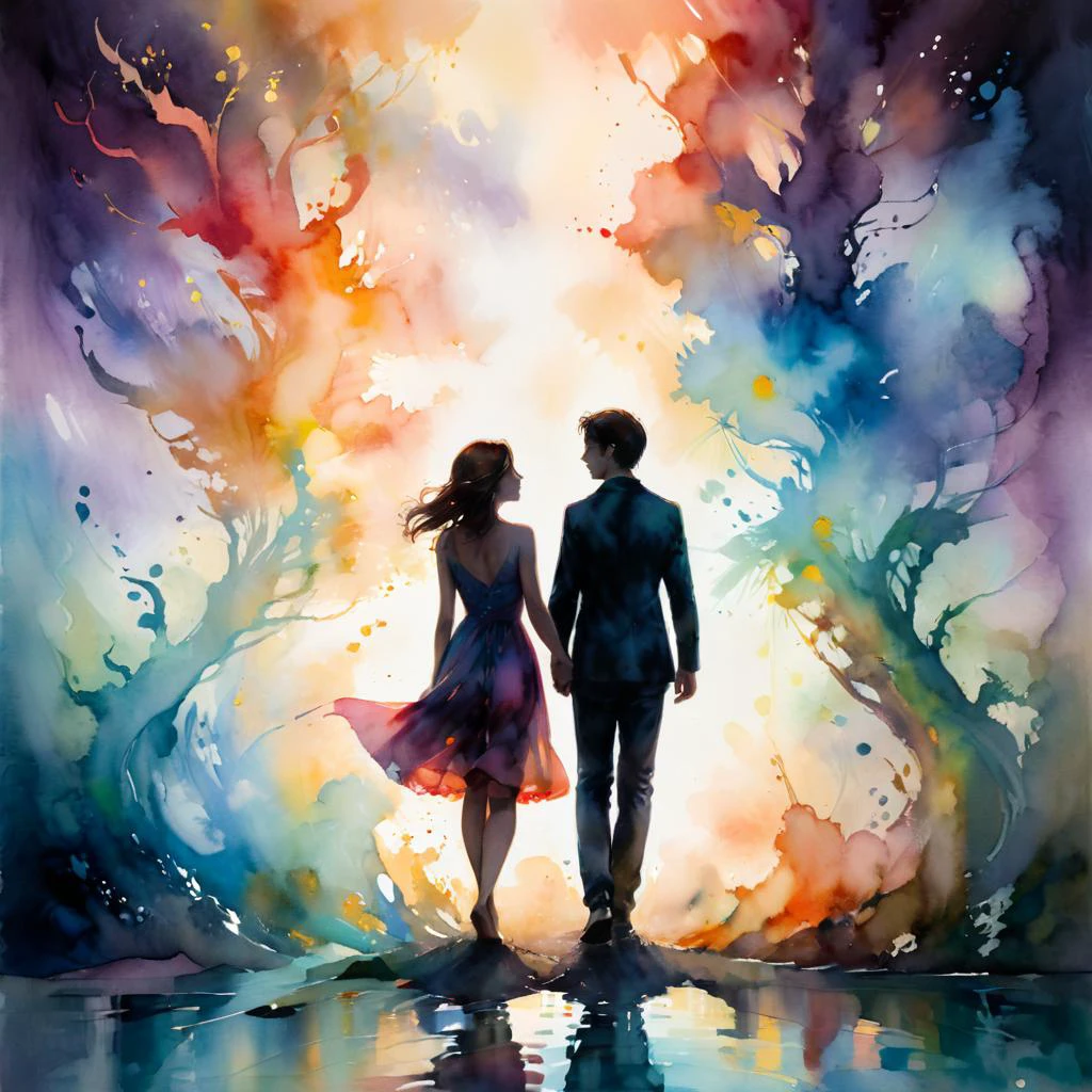 Watercolor painting style with translucent layers, blending colors, and a fluid, organic feel, Silhouettes or shadows of a couple reaching out to each other or almost touching, separated by some space. This can convey the longing and anticipation of eventually being together, High-quality, Hyper-maximalism, abstract, negative space, extremely intricate, prismatic colors, glimmering oils, vantablack, ral-decoznow, translucent layers, blending colors, fluid, organic, artistic, delicate, ethereal, painterly,Silhouettes or shadows of a couple reaching out to each other or almost touching, separated by some space. This can convey the longing and anticipation of eventually being together, High-quality, Hyper-maximalism, abstract, negative space, extremely intricate, prismatic colors, glimmering oils, vantablack