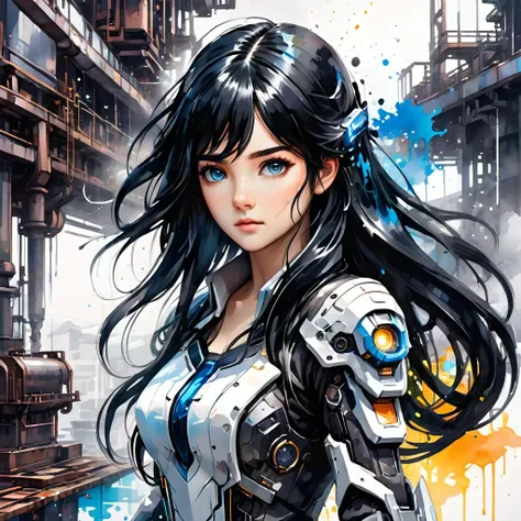 ink splashing,semi realistic, 2d game scene,oil and watercolor painting,
<lora:fantasy_world:1>ï¼
Masterpiece, illustration,8K wallpaper, super detailed,portrait,(full body),(dissection:1.5),(Disassemble:1.3)
(1 girl:1.5),(solo),(long black hair:1.4),(Machine structure body),ponytail, (Medium breasts),(Beautiful detailed blue eyes: 1.3),
(white background: 2), mecha,natural light, light tracing