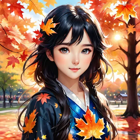 ink splashing,semi realistic, 2d game scene,oil and watercolor painting,
 <lora:fantasy_world:1>ï¼
(((sunset))), flat color, Golden ratio, {masterpiece:1.5}, {extremely detailed CG unity 8k wallpaper:1.5}, {Grim expression:1.2}, {1girls:2}, {full body:1.8}, {cry, smile:1.8}, The wind blows the maple leaves, extremely detailed maple leaf, {extremely detailed eyes:1.5}, {extremely beautiful detailed anime face:1.5}, black hair, {cute animal face:1.5}, {extremely delicate and beautiful girls:1.4}, blue eyes,{glowing eyes, blank stare:1.5}, {backlight:2}, body is turning into maple leaves, {flowing maple leaf background:1.4}, {depth of field:2}, Red light, extremely detailed sky, clothes with maple leaf, {Maple tree background:1.5}, body with maple leaf , floating hair with maple leaf, looking at viewer, maple leaf forground, hair with maple leaf, {flowing hair:1.2}, The picture fills the canvas, {flowing:1.2}, dynamic angle