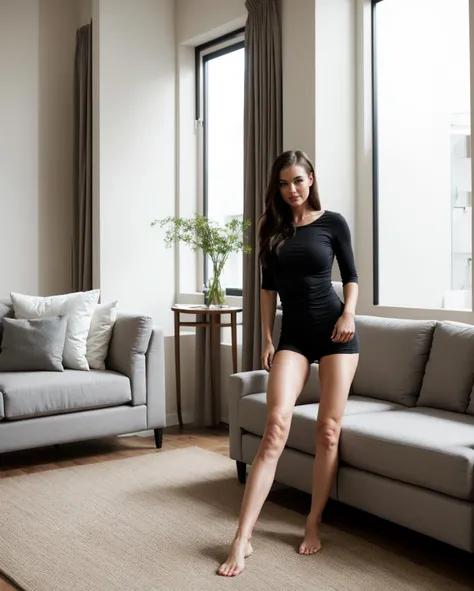 girl, living room, pose, looking at viewer