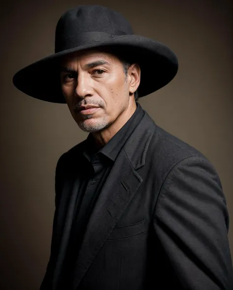 1boy, half body portrait, old mexican guy, cowboy hat, tuxedo