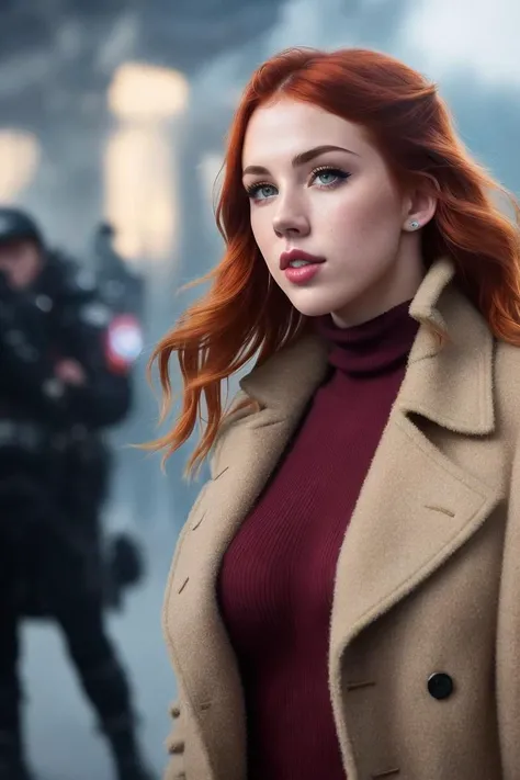 photo of (CochwenGoch:0.99), a woman as a movie star, modelshoot style, (extremely detailed CG unity 8k wallpaper), photo of the most beautiful artwork in the world, professional majestic oil painting by Ed Blinkey, Atey Ghailan, Studio Ghibli, by Jeremy Mann, Greg Manchess, Antonio Moro, trending on ArtStation, trending on CGSociety, Intricate, High Detail, Sharp focus, dramatic, photorealistic painting art by midjourney and greg rutkowski, (long brown coat), (turtleneck), ((comicon event)), (leather trousers), ((standing on the red carpet)), ((paparazzi in the background)), (looking at viewer), (detailed pupils:1.3), (modern outfit:1.2), (closeup), red lips, (eye shadow)