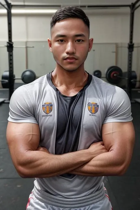masterpiece, best quality, high resolution, realistic, handsome, photogenic, <lora:syahnkV4-08:0.9>, syahnk, SFW, a photo of a 35 year old gym frat (man:1.2) portrait, in a gym , (doing military press), weights, stunning , short buzzcut hair,stubble head , (hypermuscle),looking at the viewer, flirting with the camera, charming, (tight white gym shirt ),<lora:add_detail:1>, (GS-Masculine:1), 8K UHD