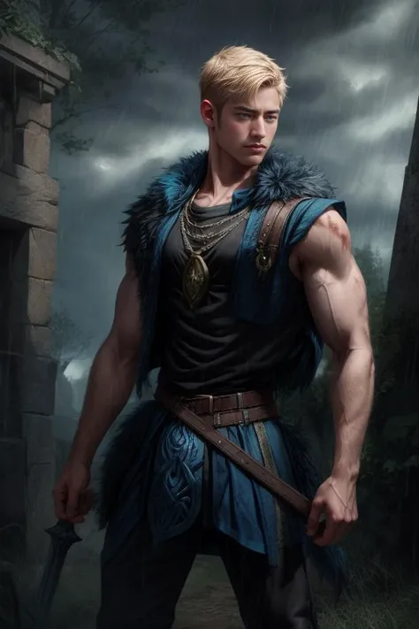 <lora:syahnkV4-08:0.8>, syahnk, (Absurdres, Absurd Amount of Details, Intricate Details, Masterpiece, Best Quality, High Resolution, 8k), (1man), (male:1.2), mature, dashing face, finely detailed eyes and face, toned body, masculine appeal, commanding presence, hot stud, bulging biceps and triceps, well-developed quadriceps and hamstrings, light skin, turquoise wavy hair, ruby eyes, standing with one hand on a nearby object and one leg slightly bent, precise and accurate details, danish, portrait, looking down, solo, half shot, detailed background, (high fantasy medieval theme:1.1), nordic medieval raider, fighting stance, norse pagan mythology, blood soaked, simple muted dark blue fur lined leather vest, helmet, mjolnir symbolism, rain, cinematic scene composition, norse dark fantasy atmosphere,, finely detailed background, Depth of Field, VFX,<lora:add_detail:1>,