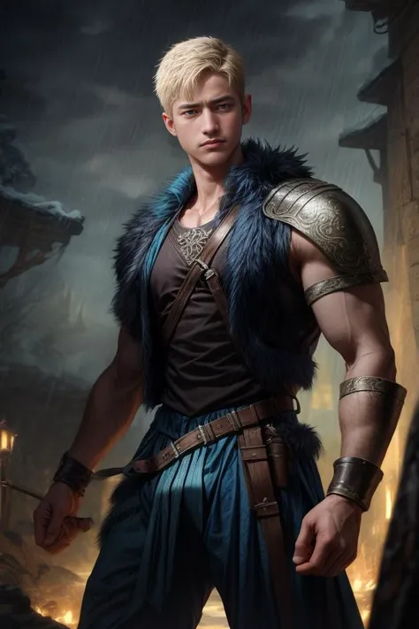 <lora:syahnkV4-08:0.8>, syahnk, (Absurdres, Absurd Amount of Details, Intricate Details, Masterpiece, Best Quality, High Resolution, 8k), (1man), (male:1.2), mature, dashing face, finely detailed eyes and face, toned body, masculine appeal, commanding presence, hot stud, bulging biceps and triceps, well-developed quadriceps and hamstrings, light skin, turquoise wavy hair, ruby eyes, standing with one hand on a nearby object and one leg slightly bent, precise and accurate details, danish, portrait, looking down, solo, half shot, detailed background, (high fantasy medieval theme:1.1), nordic medieval raider, fighting stance, norse pagan mythology, blood soaked, simple muted dark blue fur lined leather vest, helmet, mjolnir symbolism, rain, cinematic scene composition, norse dark fantasy atmosphere,, finely detailed background, Depth of Field, VFX,<lora:add_detail:1>,