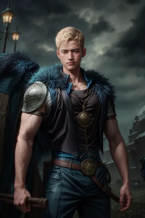 <lora:syahnkV4-08:0.8>, syahnk, (Absurdres, Absurd Amount of Details, Intricate Details, Masterpiece, Best Quality, High Resolution, 8k), (1man), (male:1.2), mature, dashing face, finely detailed eyes and face, toned body, masculine appeal, commanding presence, hot stud, bulging biceps and triceps, well-developed quadriceps and hamstrings, light skin, turquoise wavy hair, ruby eyes, standing with one hand on a nearby object and one leg slightly bent, precise and accurate details, danish, portrait, looking down, solo, half shot, detailed background, (high fantasy medieval theme:1.1), nordic medieval raider, fighting stance, norse pagan mythology, blood soaked, simple muted dark blue fur lined leather vest, helmet, mjolnir symbolism, rain, cinematic scene composition, norse dark fantasy atmosphere,, finely detailed background, Depth of Field, VFX,<lora:add_detail:1>,