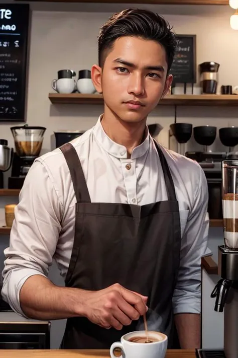 realistic, <lora:syahnk128-03:0.5>, face of syahnk, handsome, masculine, skin pore, high detail face, eye view camera, from front side, as (That brooding barista who serves you a latte with a side of smoldering looks every morning),DSLR,8K UHD,Bokeh, Subsurface scattering, Cinematic, <lora:add_detail:1>